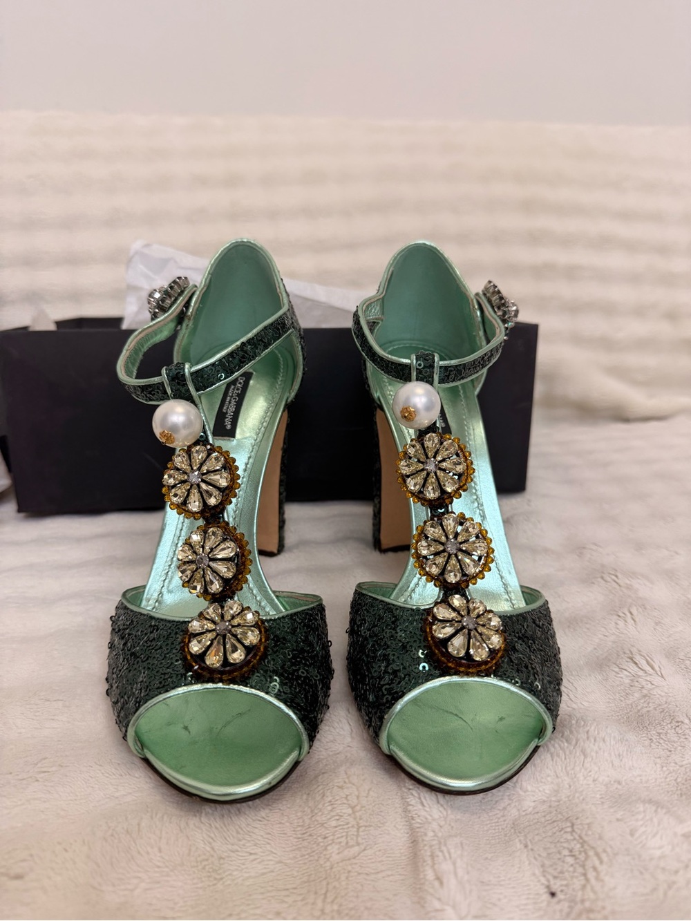 Dolce & Gabbana Green Sequin T-Strap Heels with Crystal Floral Accents